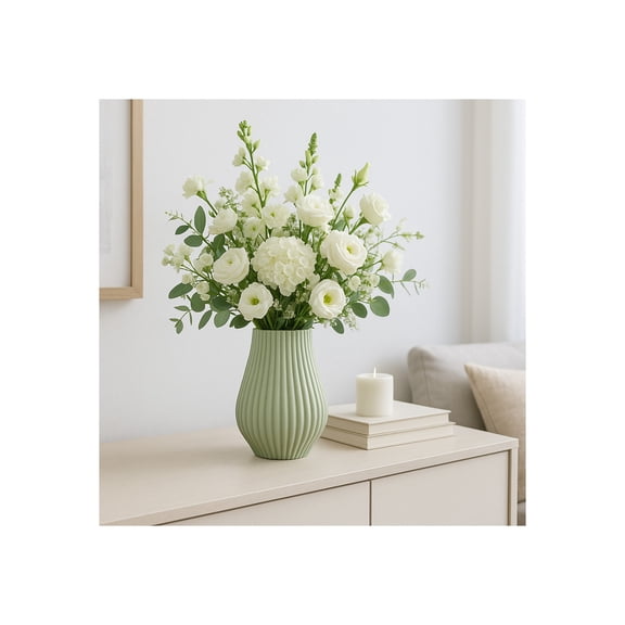 Ribbed Porcelain Vase for Living Room Decor - Soft Neutral Home Decor Accent with Sculpted Vertical Texture - Decorative Flower Vase for Room, Bedroom, House, Office, and Table Display - 9", Green