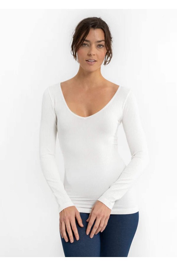 Ribbed Reversible V-Neck Long Sleeve Top