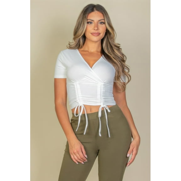 Ribbed Ruched Drawstring Surplice Top