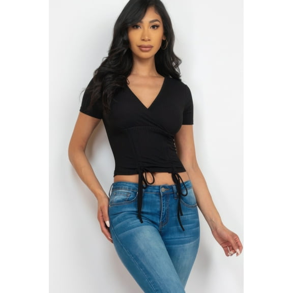 Ribbed Ruched Drawstring Surplice Top