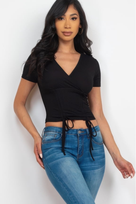 Ribbed Ruched Drawstring Surplice Top