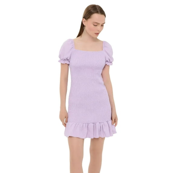Ribbed Ruffled Square Neck Mini Dress with Balloon Sleeves