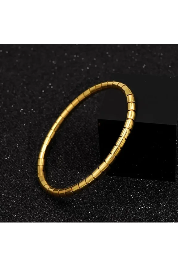 Ribbed Segmented Bangle Bracelet for Women, Modern Industrial Style Jewelry, 925 Sterling Silver with 14K Gold Finish