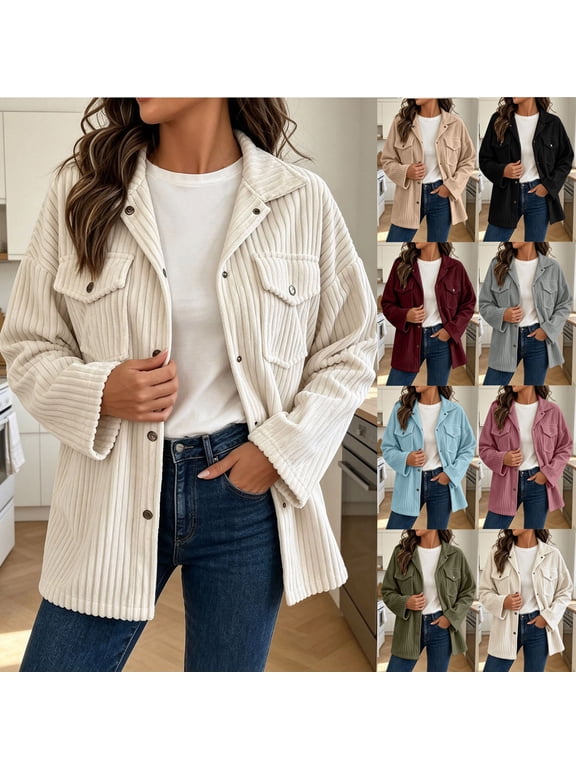 Ribbed Shackets for Women, Fall Button-up Lapel Collar Long Sleeve Relaxed Soft Casual Daily Fashion Shirt Jackets, S-XXL