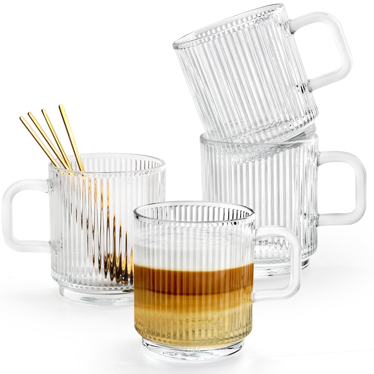 NutriChef 4 Pcs. of Clear Glass Coffee Mug - Elegant Clear Glasses with  Convenient Handles, For Hot and Cold Drinks