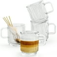 thumbnail image 1 of Ribbed Short Clear Glass Ripple Vintage Glassware Coffee Mug Set with Handle, Four Spoon, 12 oz, 4 Piece Set for Latte Milk Coffee Tea Juice Drinks (350 ml ), 1 of 8