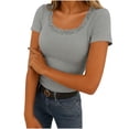 thumbnail image 1 of Ribbed Short Sleeve Tops for Women Square Neck Lace Trim Fitted Tight Shirts Casual Basic Tee Spring Clothes 2026 Trendy Gray XL, 1 of 6