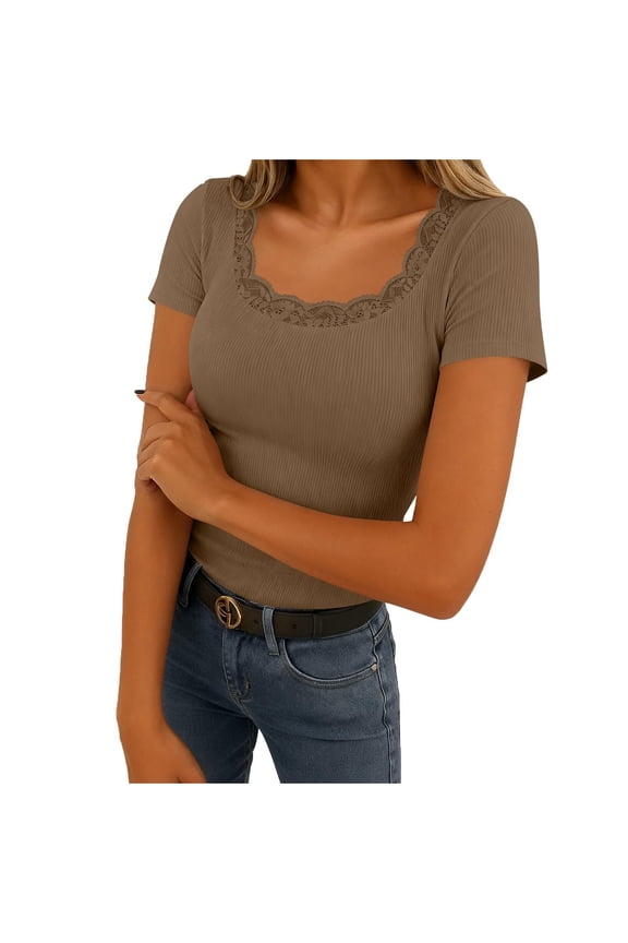 Ribbed Short Sleeve Tops for Women Square Neck Lace Trim Fitted Tight Shirts Casual Basic Tee Spring Clothes 2026 Trendy Light Brown S