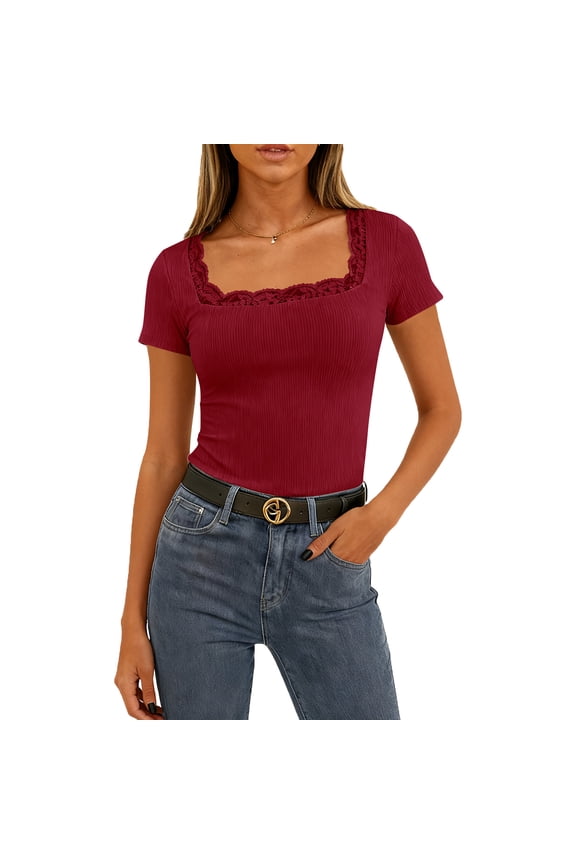 Ribbed Short Sleeve Tops for Women Square Neck Lace Trim Fitted Tight Shirts Casual Basic Tee Spring Clothes 2026 Trendy Red S