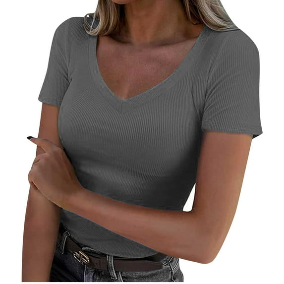 Ribbed Short Sleeve Tops for Women V Neck Casual Slimming Tops Pullover Basic Tees Stretch Solid Blouses, Dark Gray, L