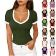 thumbnail image 1 of Ribbed Short Sleeve Tops for Women V Neck Ribbed Knit Color Block T Shirts Low Cut Fitted Casual Summer Basic Tees 2026 Army Green M, 1 of 1