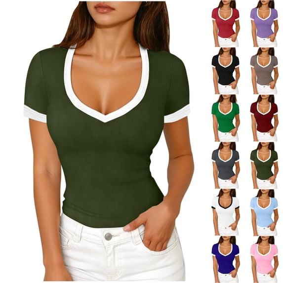 Ribbed Short Sleeve Tops for Women V Neck Ribbed Knit Color Block T Shirts Low Cut Fitted Casual Summer Basic Tees 2026 Army Green M