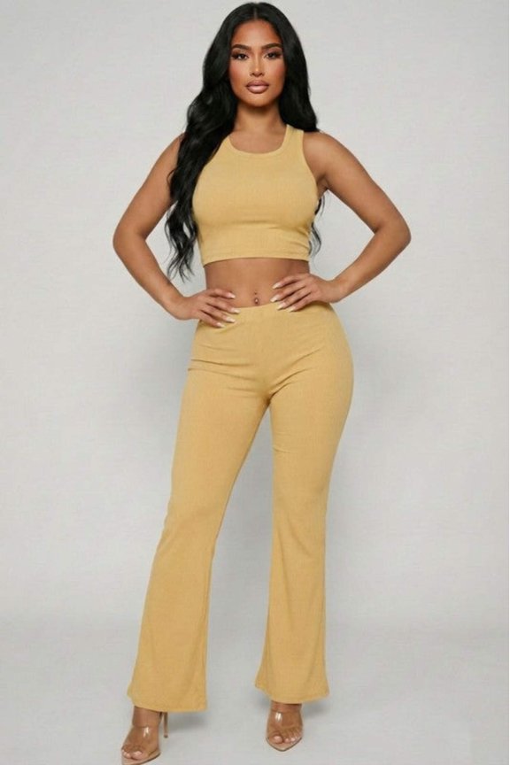 Ribbed Sleeveless Crop Top Flared Pants Set
