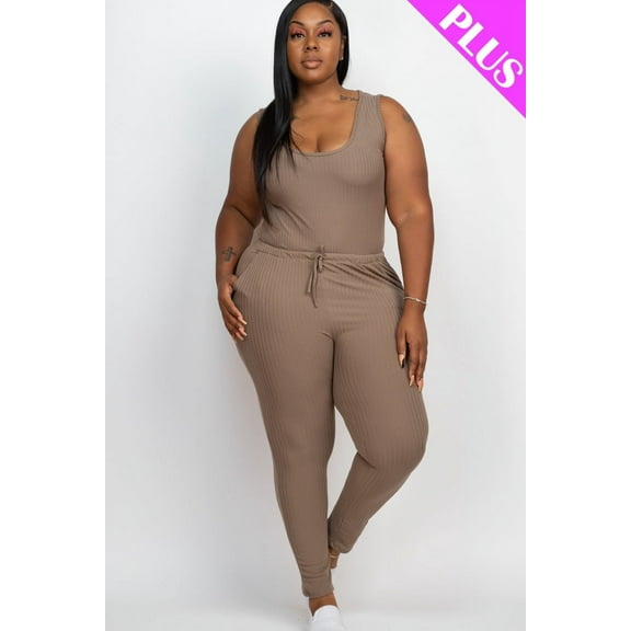Ribbed Sleeveless Jumpsuit with Drawstring Waist in Plus Size