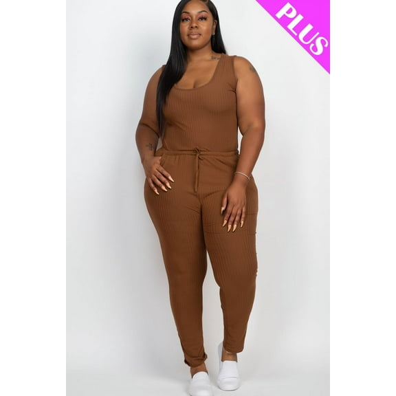 Ribbed Sleeveless Jumpsuit with Drawstring Waist in Plus Size