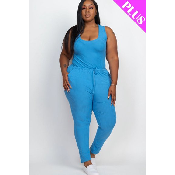 Ribbed Sleeveless Jumpsuit with Drawstring Waist in Plus Size