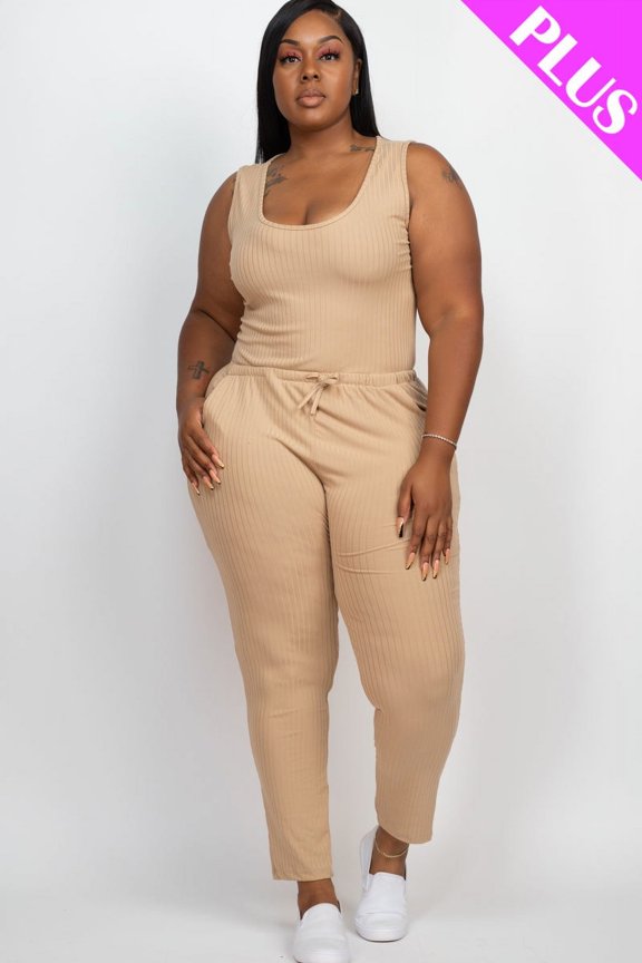 Ribbed Sleeveless Jumpsuit with Drawstring Waist in Plus Size