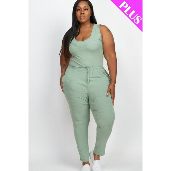Ribbed Sleeveless Jumpsuit with Drawstring Waist in Plus Size
