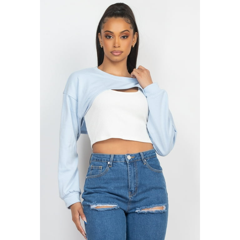 Ribbed Sleeveless Top With Shrug Sweater Light Blue M