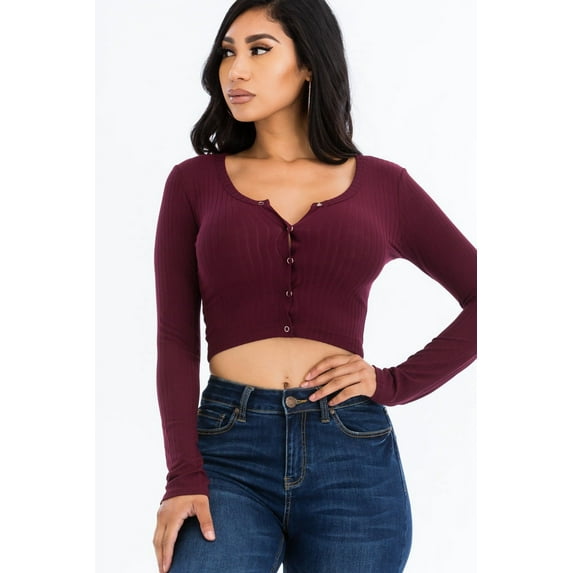 Ribbed Snap Front Long Sleeve Crop Top