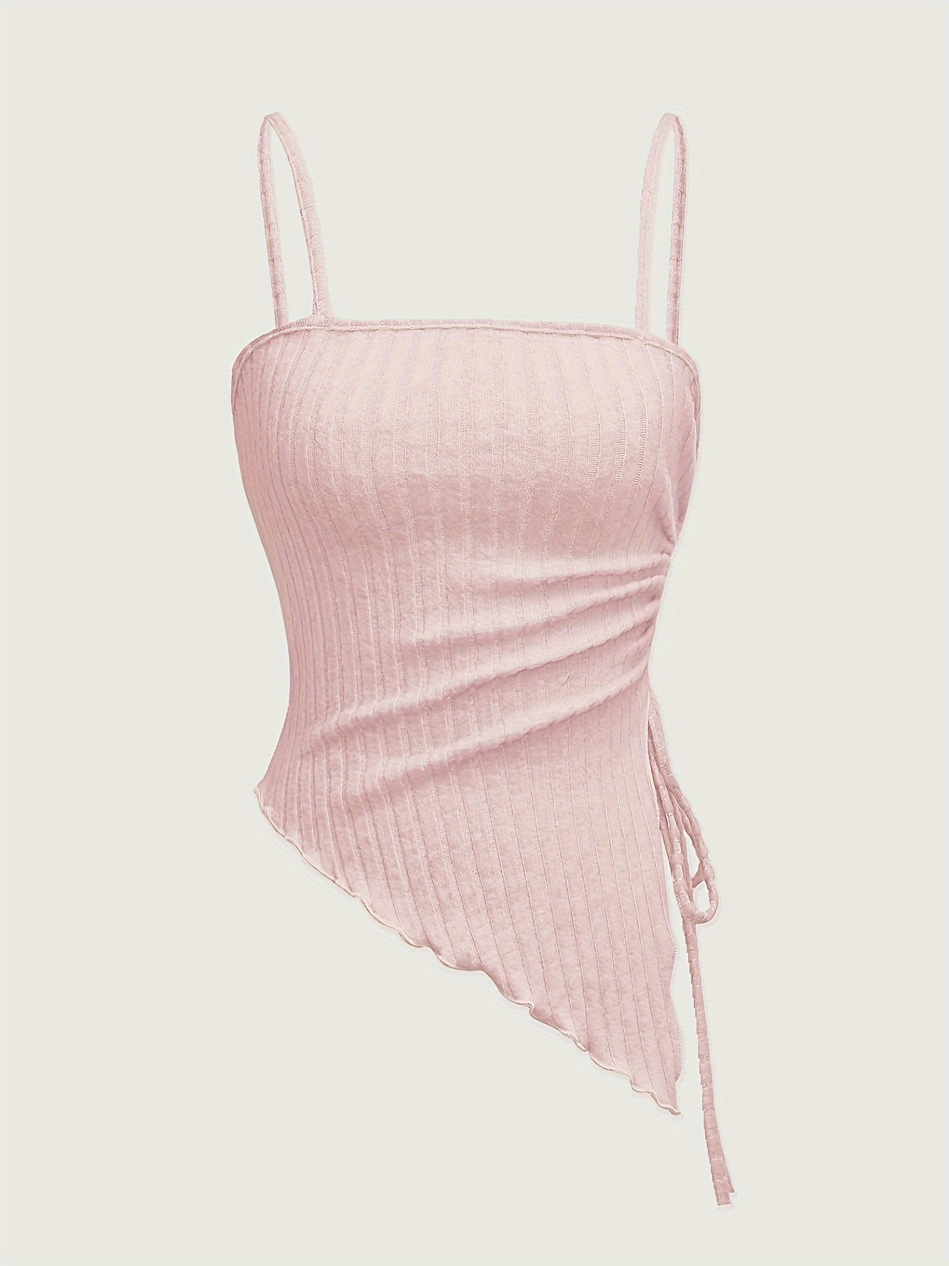 Ribbed Spaghetti Strap Top, Elegant Sleeveless Asymmetrical Hem Cami