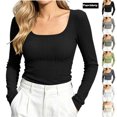 thumbnail image 1 of Ribbed Square neckline Tee with Long Sleeves, Women's & Women's Plus Black M, 1 of 6