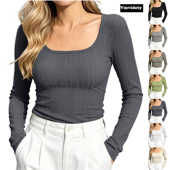 Ribbed Square neckline Tee with Long Sleeves, Women's & Women's Plus Dark Gray M