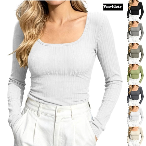Ribbed Square neckline Tee with Long Sleeves, Women's & Women's Plus White 2XL