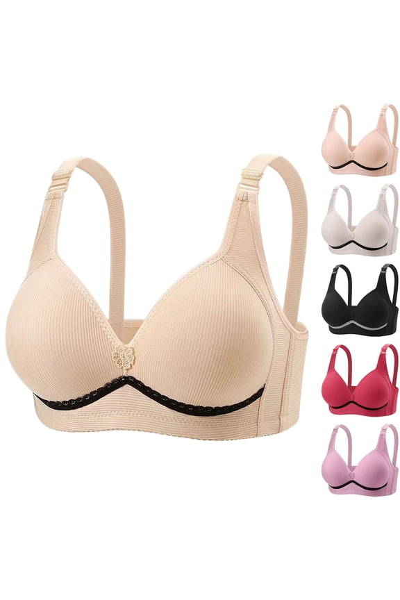 Ribbed Support Bra for Women Wireless Full Coverage Lace Ribbon Adjustable Straps Comfortable Underwear Beige 42