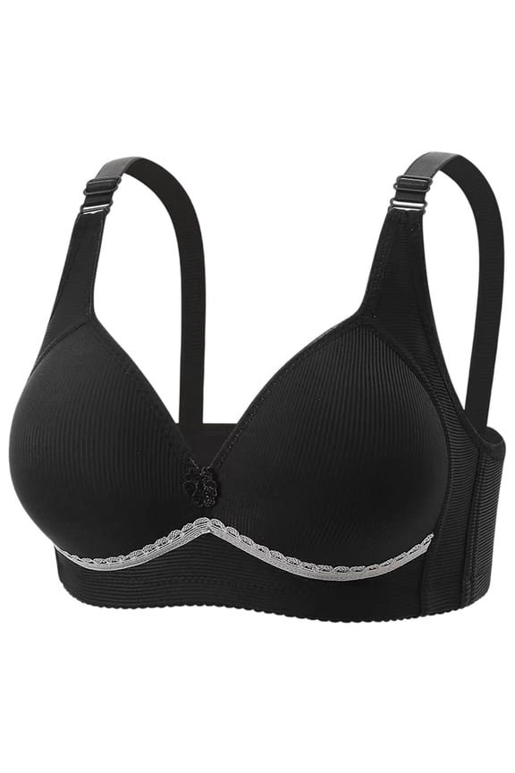 Ribbed Support Bra for Women Wireless Full Coverage Lace Ribbon Adjustable Straps Comfortable Underwear Black 42