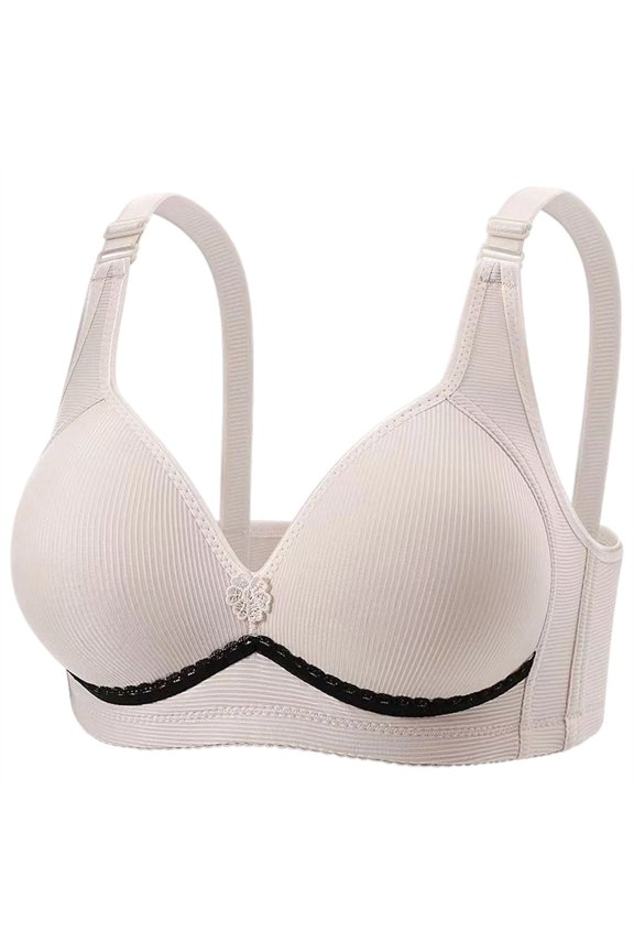 Ribbed Support Bra for Women Wireless Full Coverage Lace Ribbon Adjustable Straps Comfortable Underwear Gray 38