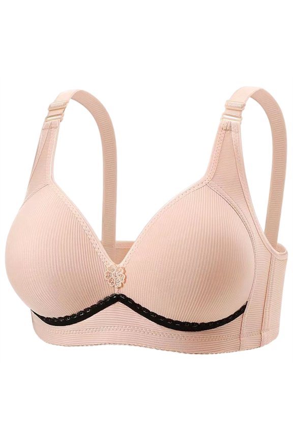 Ribbed Support Bra for Women Wireless Full Coverage Lace Ribbon Adjustable Straps Comfortable Underwear Pinks 44