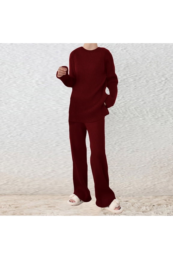 Ribbed Sweater Outfit Sets for Petite Women,Long Sleeve Crewneck Knit Top Matching Lounge Pants Activewear Loungewear