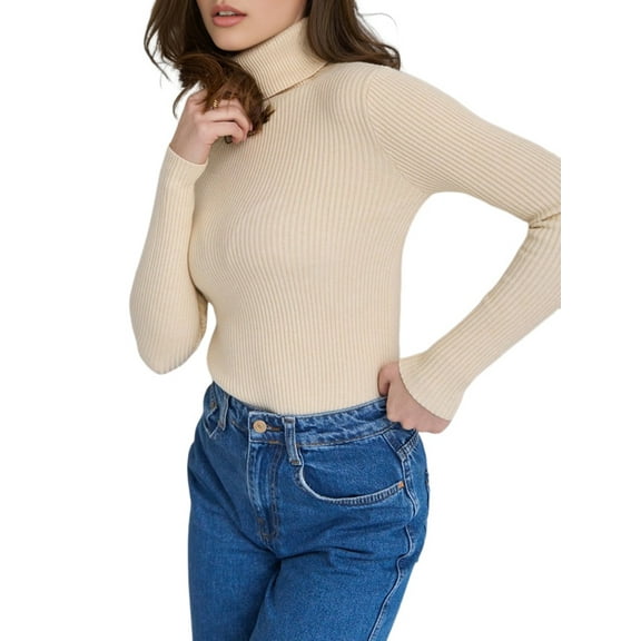 Ribbed Sweaters for Women Cute High Neck Knitted Warm Fitted Sweater Apricot One size
