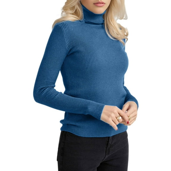 Ribbed Sweaters for Women Cute High Neck Knitted Warm Fitted Sweater Denim Blue One size