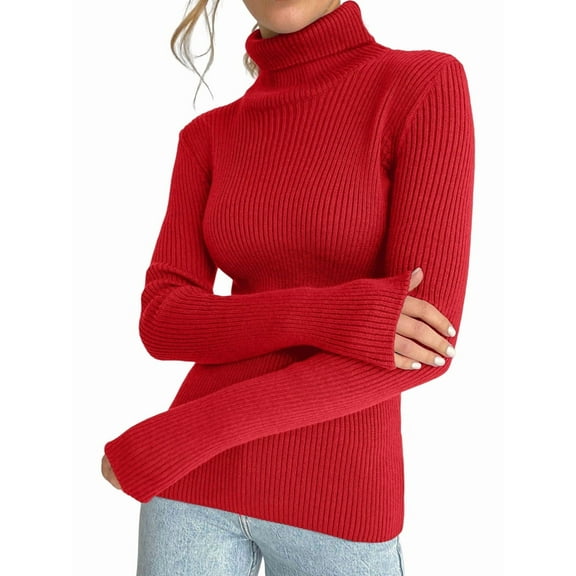 Ribbed Sweaters for Women Cute High Neck Knitted Warm Fitted Sweater Red One size