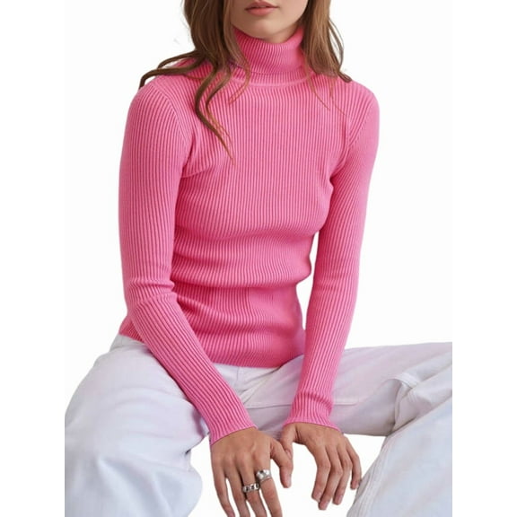 Ribbed Sweaters for Women Cute High Neck Knitted Warm Fitted Sweater Rose Red One size