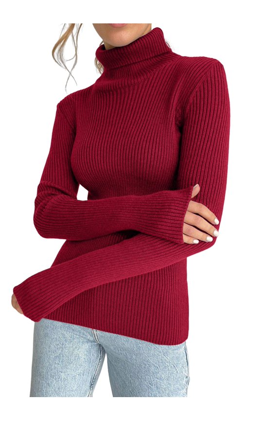 Ribbed Sweaters for Women Cute High Neck Knitted Warm Fitted Sweater Wine  size