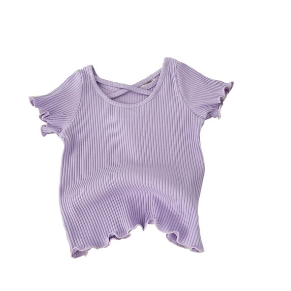 Ribbed T-Shirt for 1-8 Years Kids Girls Ruffle Short-Sleeved Top Criss Cross Crew Neck Knit Tee