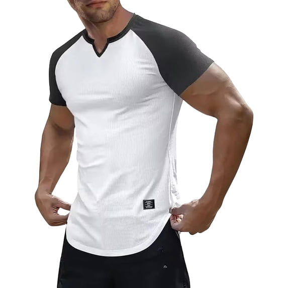 Ribbed T Shirts for Men , Color Block Raglan Short Sleeve Fitness Workout Tops V Neck Shirt Slim Fit Casual Basic Tee Fashion Bodybuilding Muscle Gym Baseball Tshirts