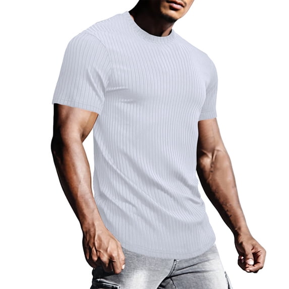 Ribbed T Shirts for Men Crewneck Short Sleeve Casual Slim Pullover Tops Basic Solid Stretchy Comfort Athletic Workout Tees T-Shirts