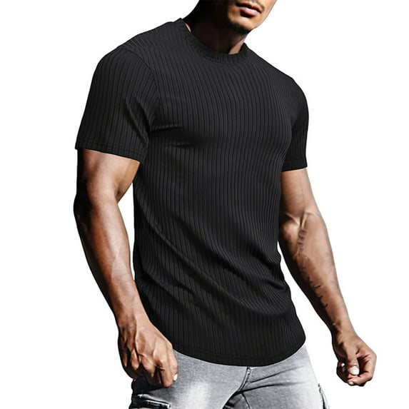 Ribbed T Shirts for Men Crewneck Short Sleeve Casual Slim Pullover Tops Basic Solid Stretchy Comfort Athletic Workout Tees T-Shirts