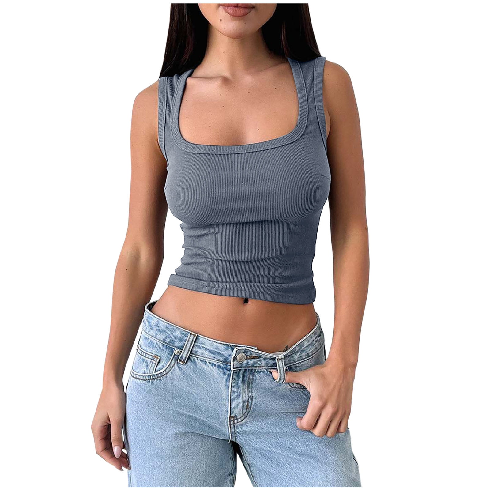 Women's Women's Ribbed Square Neck Tank Top, Spaghetti Strap