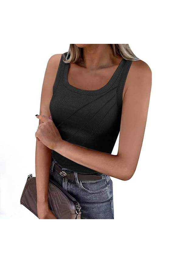 Ribbed Tank Tops For Women Sevevn Women's Summer Casual Sleeveless Solid Tank U-Neck Ribbed T-Shirt