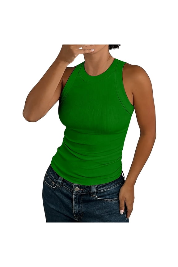 Ribbed Tank Tops for Women, Yigetop Womens Summer Sleeveless High Neck Tank Top Casual Ribbed Racerback Basic Thick Strap Shirts Tops Racer Back Tank Tops Womens Green XL