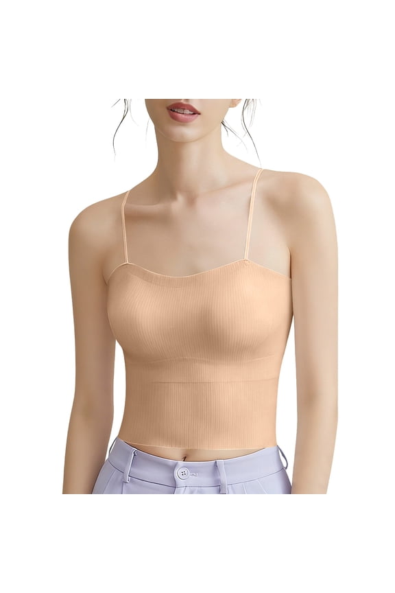 Ribbed Tank Tops Womens Spaghetti Strap Crop Cami Top Built in Bra Casual Summer Trendy Camisoles( Beige, M )