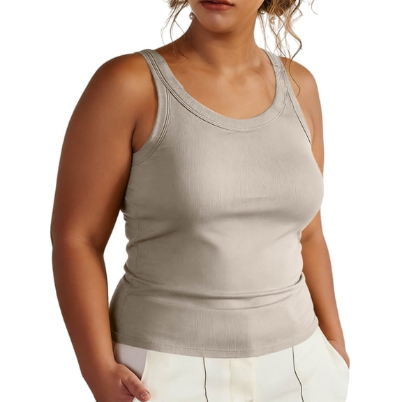 Ribbed Tank Tops for Women Built In Bra Tank Tops Round Neck Sleeveless Vest Solid Color Workout Shirt Plus Size Summer Tanks