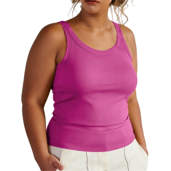 Ribbed Tank Tops for Women Built In Bra Tank Tops Round Neck Sleeveless Vest Solid Color Workout Shirt Plus Size Summer Tanks