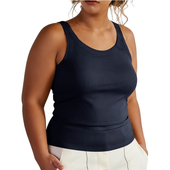 Ribbed Tank Tops for Women Built In Bra Tank Tops Round Neck Sleeveless Vest Solid Color Workout Shirt Plus Size Summer Tanks