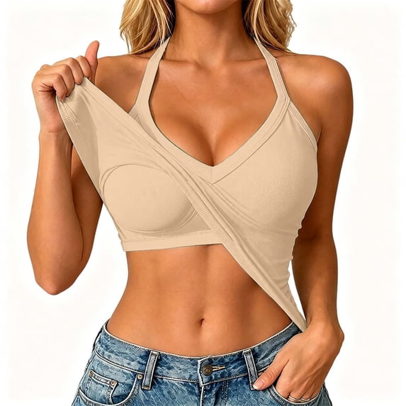 Ribbed Tank Tops for Women Built in Bra Cropped Spaghetti Strap Sleeveless V Neck Racerback Fitted Tee Athletic Workout Casual Basic Top (Beige,L)